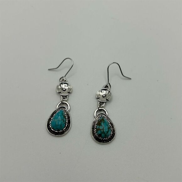 Boho Faux Turquoise Teardrop Long Dangle Earrings Floral Silver Tone Pierced - Picture 6 of 10